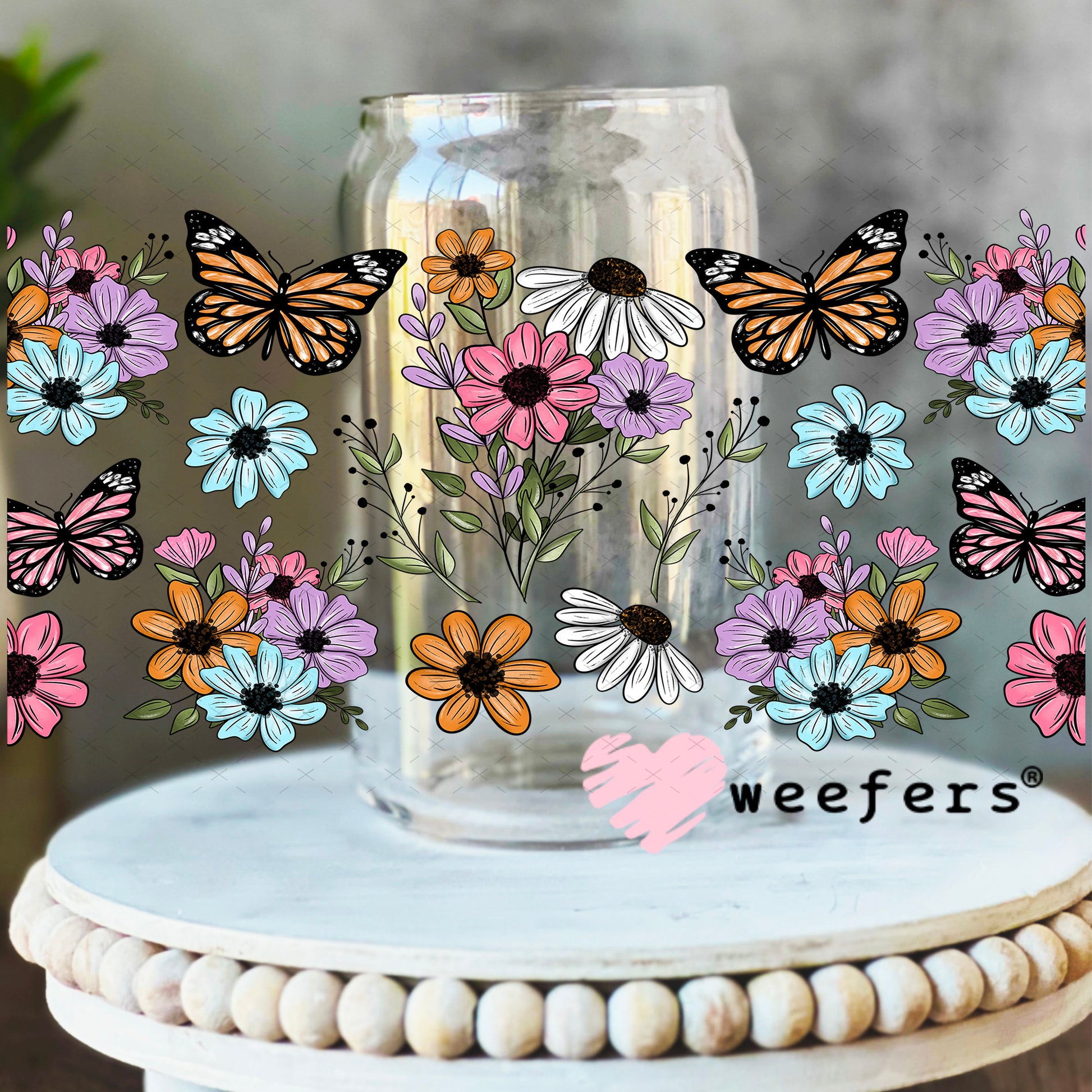 UV DTF Cup Wrap – Butterflies and Flowers 16oz Libbey Glass Original Size Weefers