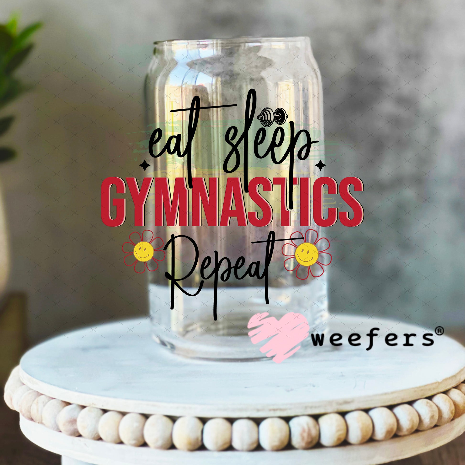 UV DTF Decal - Eat Sleep Gymnastics Repeat 16oz Libbey Glass Original Size Weefers