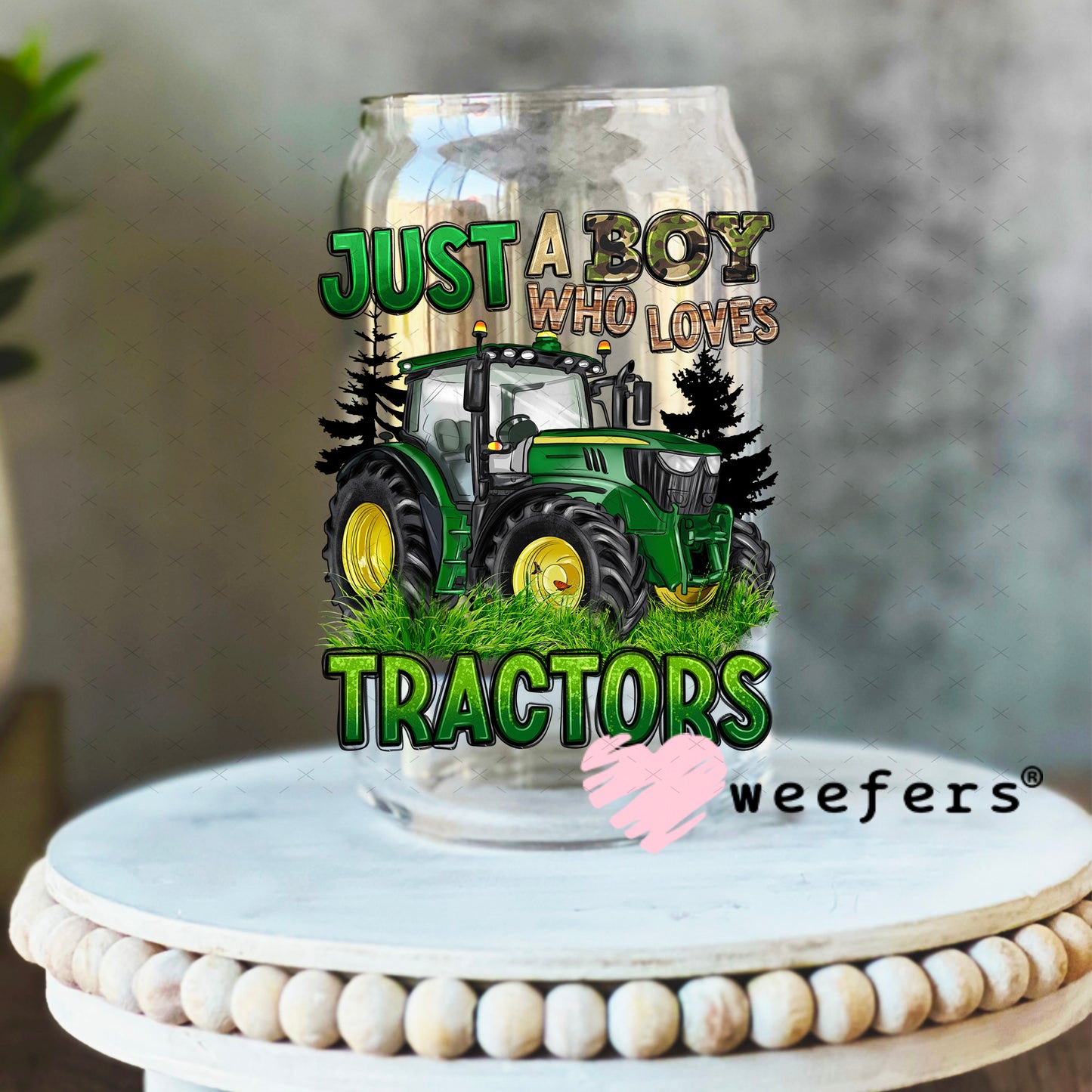 UV DTF Decal - Just a Boy Who Loves Tractors 16oz Libbey Glass Original Size Weefers