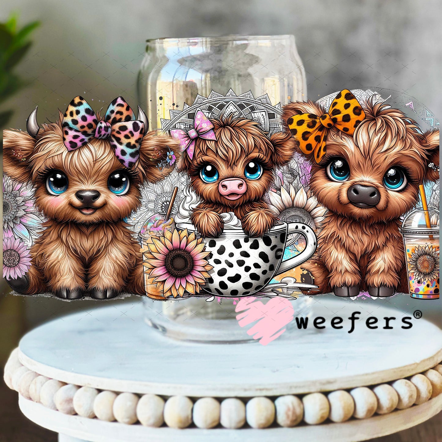UV DTF Cup Wrap – Cutie Baby Highland Cows in a tea cup 16oz Libbey Glass Original Size Weefers