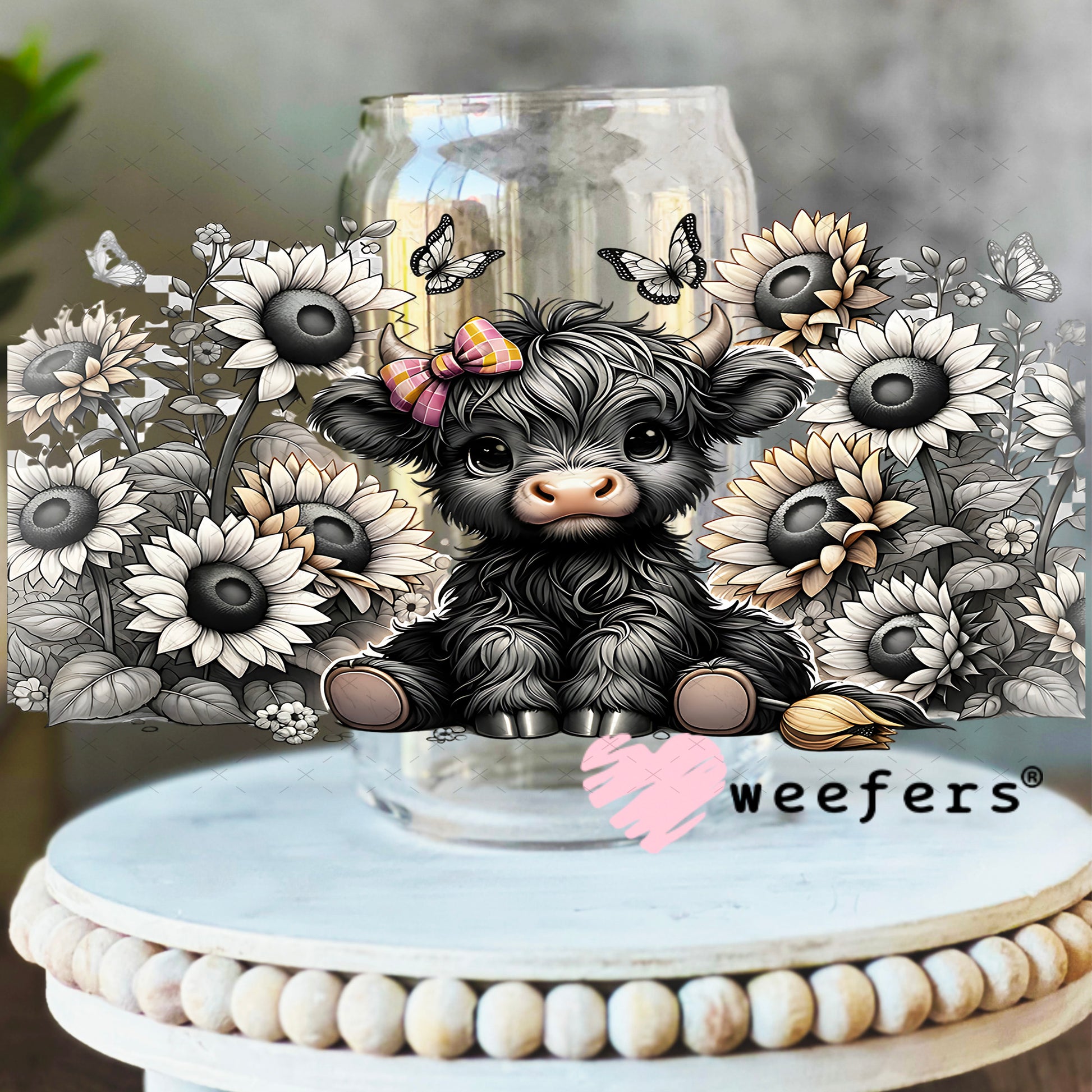 UV DTF Cup Wrap – Baby Cow Black and Cream 16oz Libbey Glass Original Size Weefers