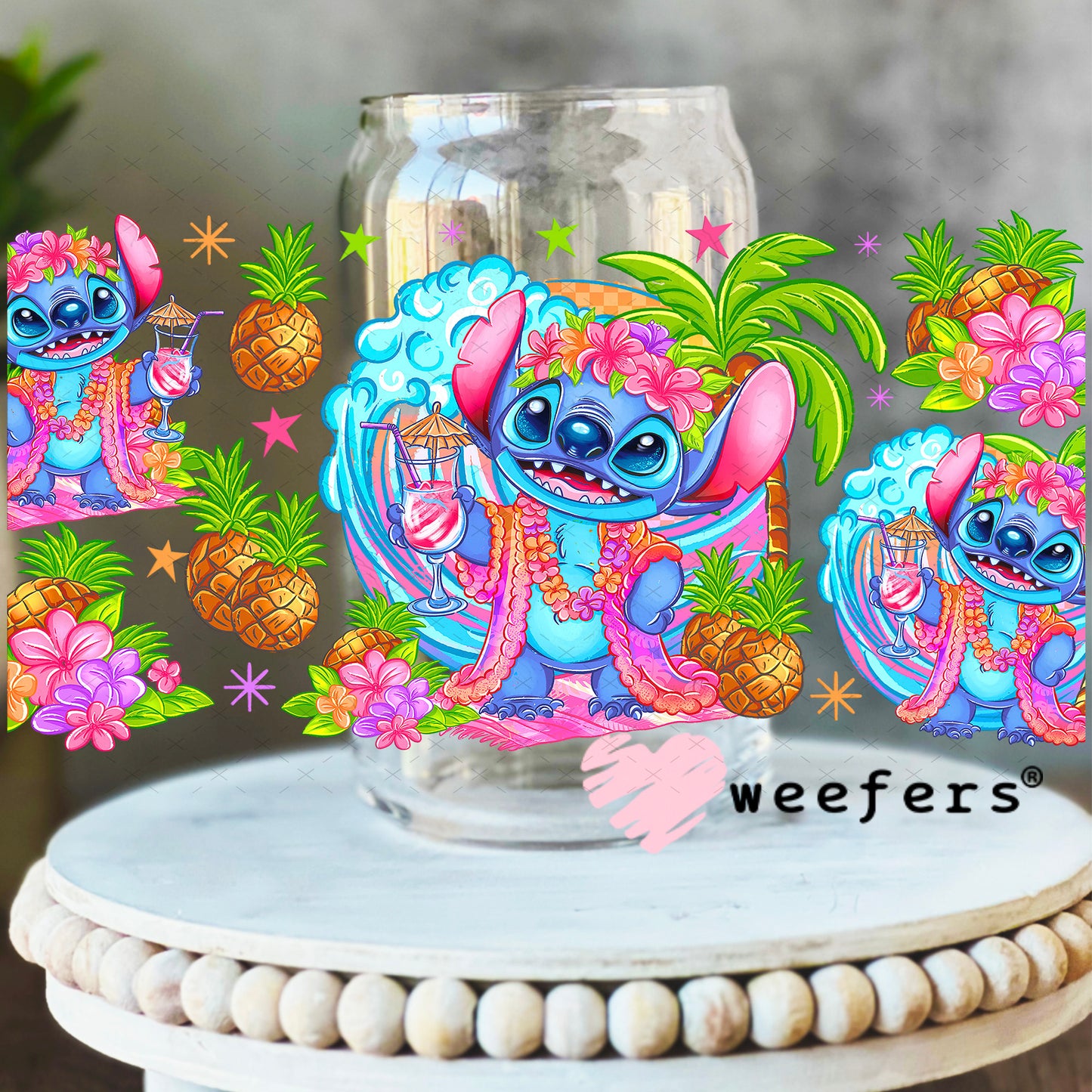 UV DTF Cup Wrap – Tropical Blue Alien 16oz Libbey Glass Original Size Weefers