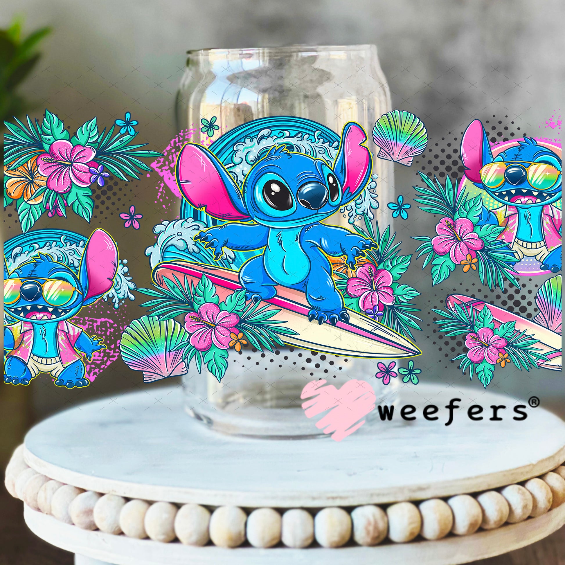 UV DTF Cup Wrap – Surfing Blue Alien 16oz Libbey Glass Original Size Weefers