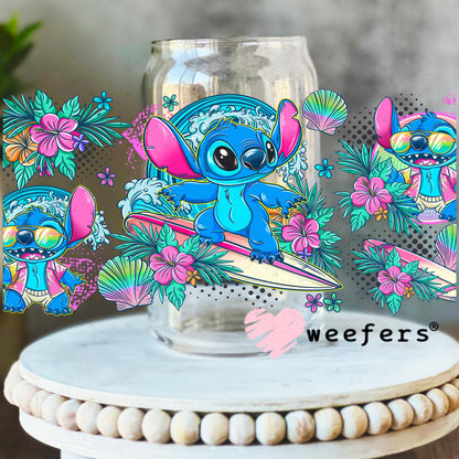 UV DTF Cup Wrap – Surfing Blue Alien 16oz Libbey Glass Original Size Weefers