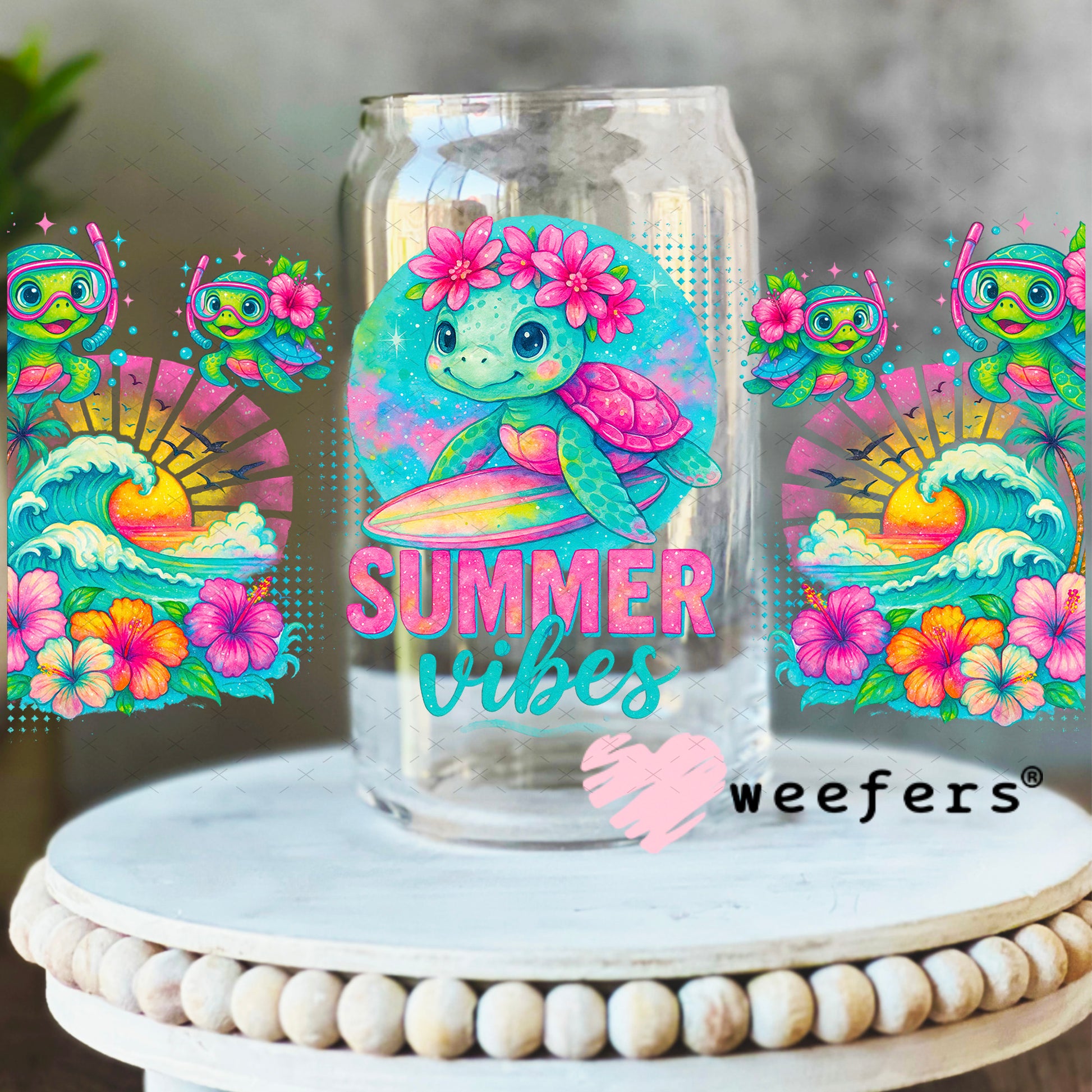UV DTF Cup Wrap – Summer Vibes Seaturtles 16oz Libbey Glass Original Size Weefers