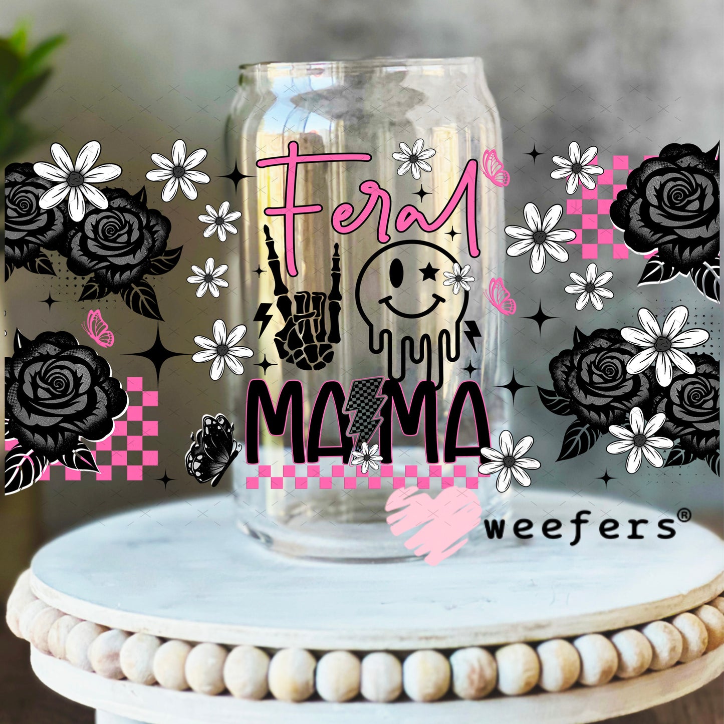 UV DTF Cup Wrap – Feral Mama Pink and Black 16oz Libbey Glass Original Size Weefers