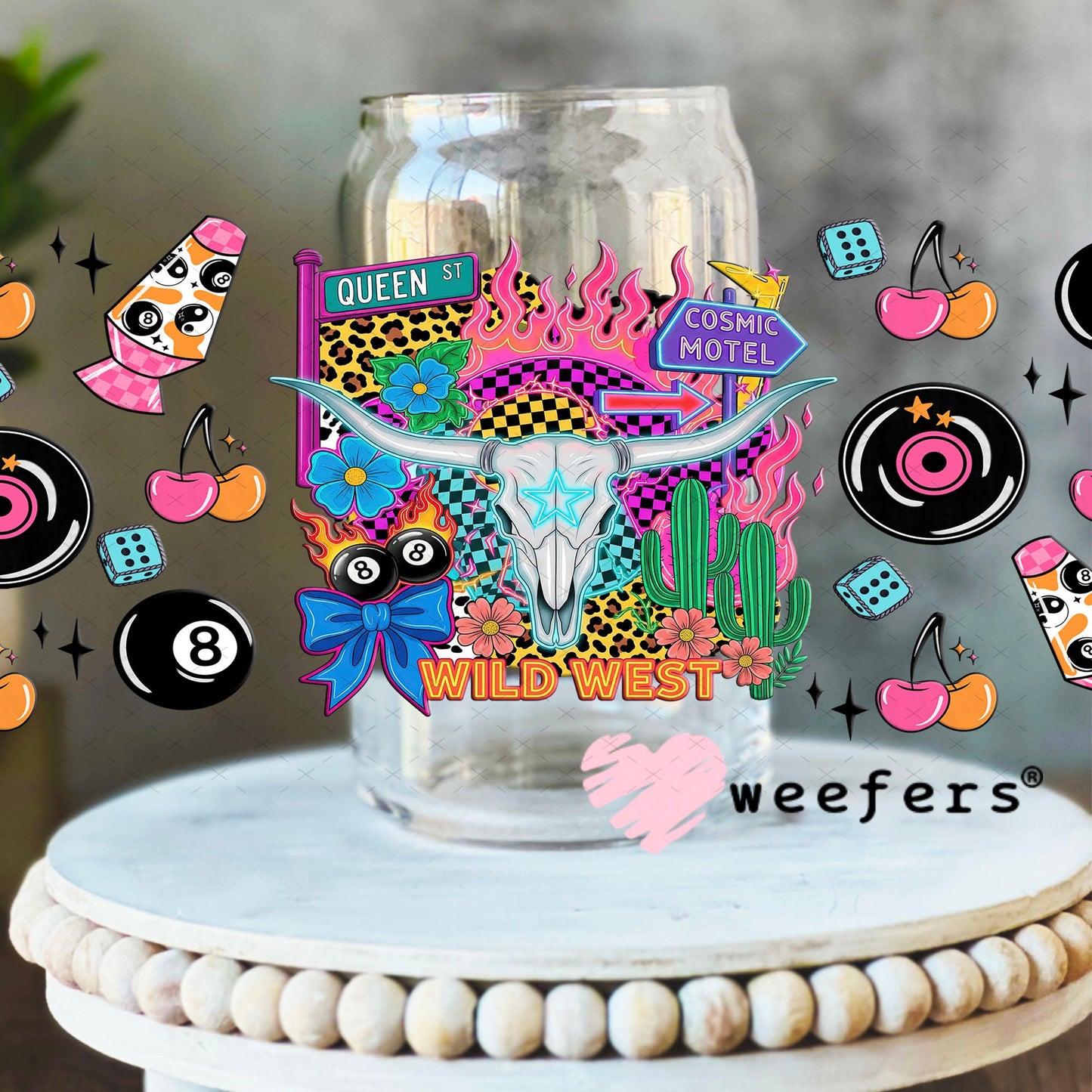 UV DTF Cup Wrap – Cosmic Motel - Weefers® Exclusive 16oz Libbey Glass Original Size Cup Wrap Weefers