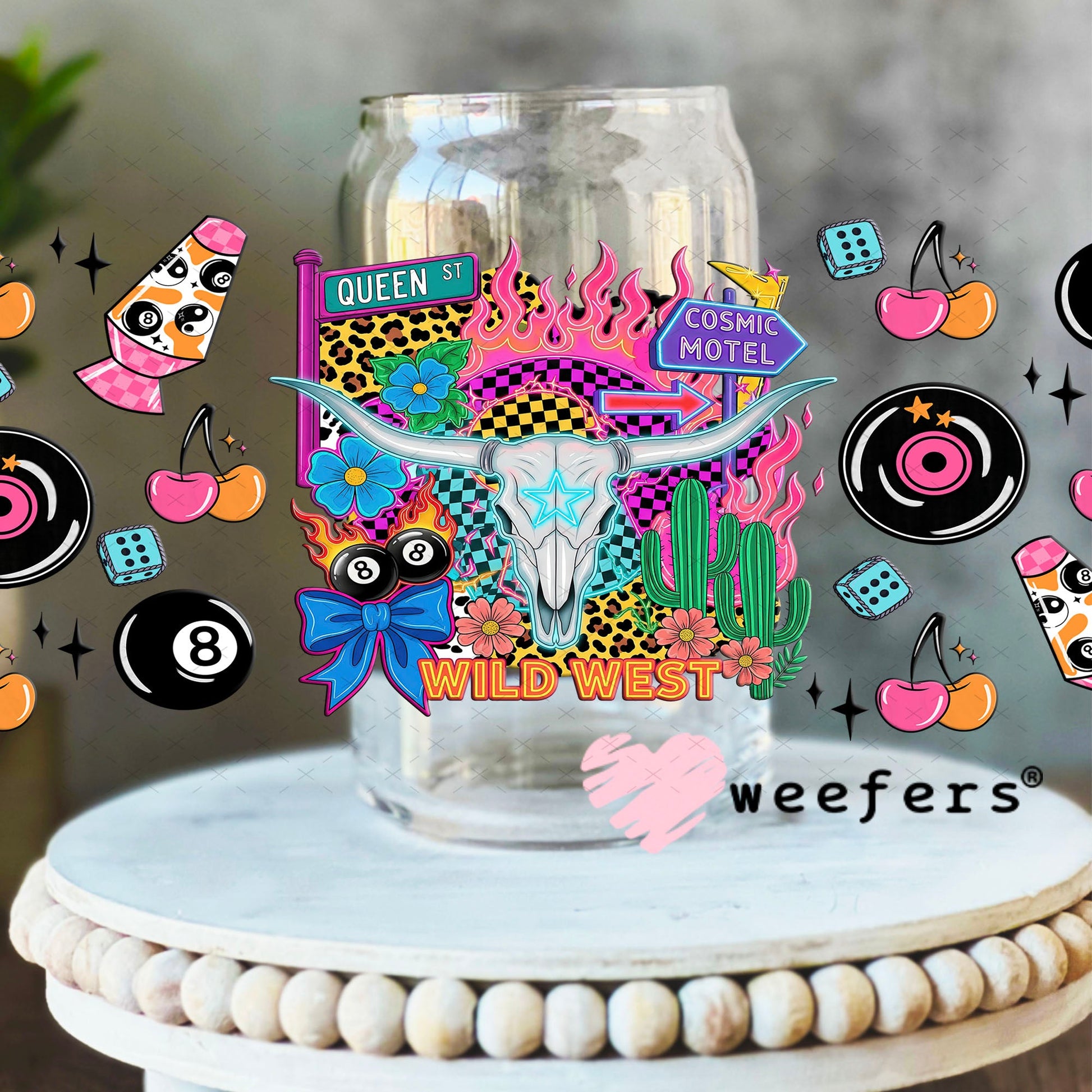 UV DTF Cup Wrap – Cosmic Motel - Weefers® Exclusive 16oz Libbey Glass Original Size Cup Wrap Weefers