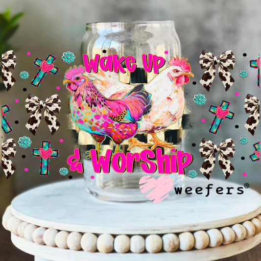 UV DTF Cup Wrap – Wake Up and Worship - Weefers Exclusive 16oz Libbey Glass Original Size Weefers