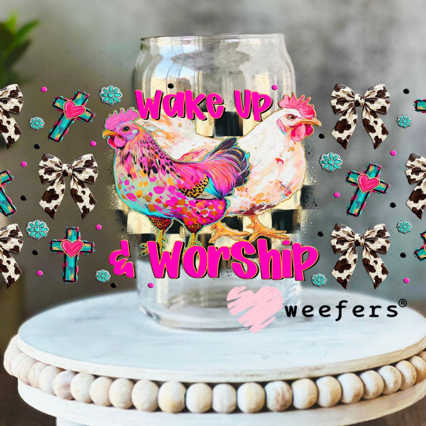 UV DTF Cup Wrap – Wake Up and Worship - Weefers Exclusive 16oz Libbey Glass Original Size Cup Wrap Weefers