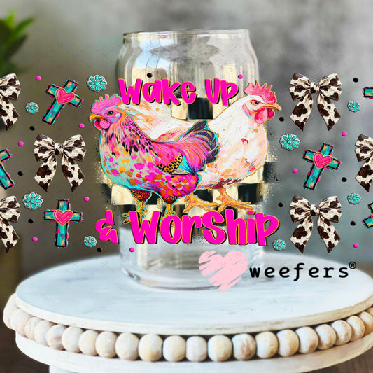 UV DTF Cup Wrap – Wake Up and Worship - Weefers Exclusive 16oz Libbey Glass Original Size Cup Wrap Weefers