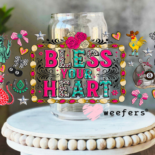 UV DTF Cup Wrap – Bless Your Heart - Weefers Exclusive 16oz Libbey Glass Original Size Cup Wrap Weefers