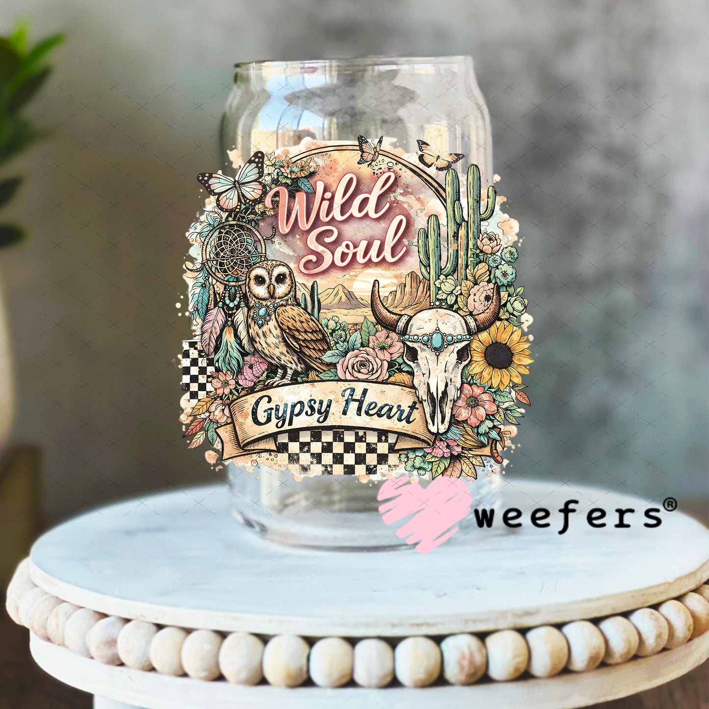 UV DTF Decal - Wild Soul Gypsy Heart 16oz Libbey Glass Original Size Weefers
