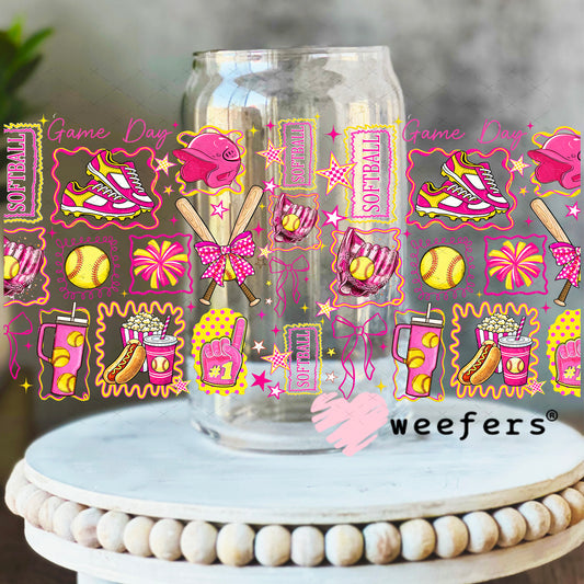 UV DTF Cup Wrap – Softball Pink and Yellow 16oz Libbey Glass Original Size Weefers