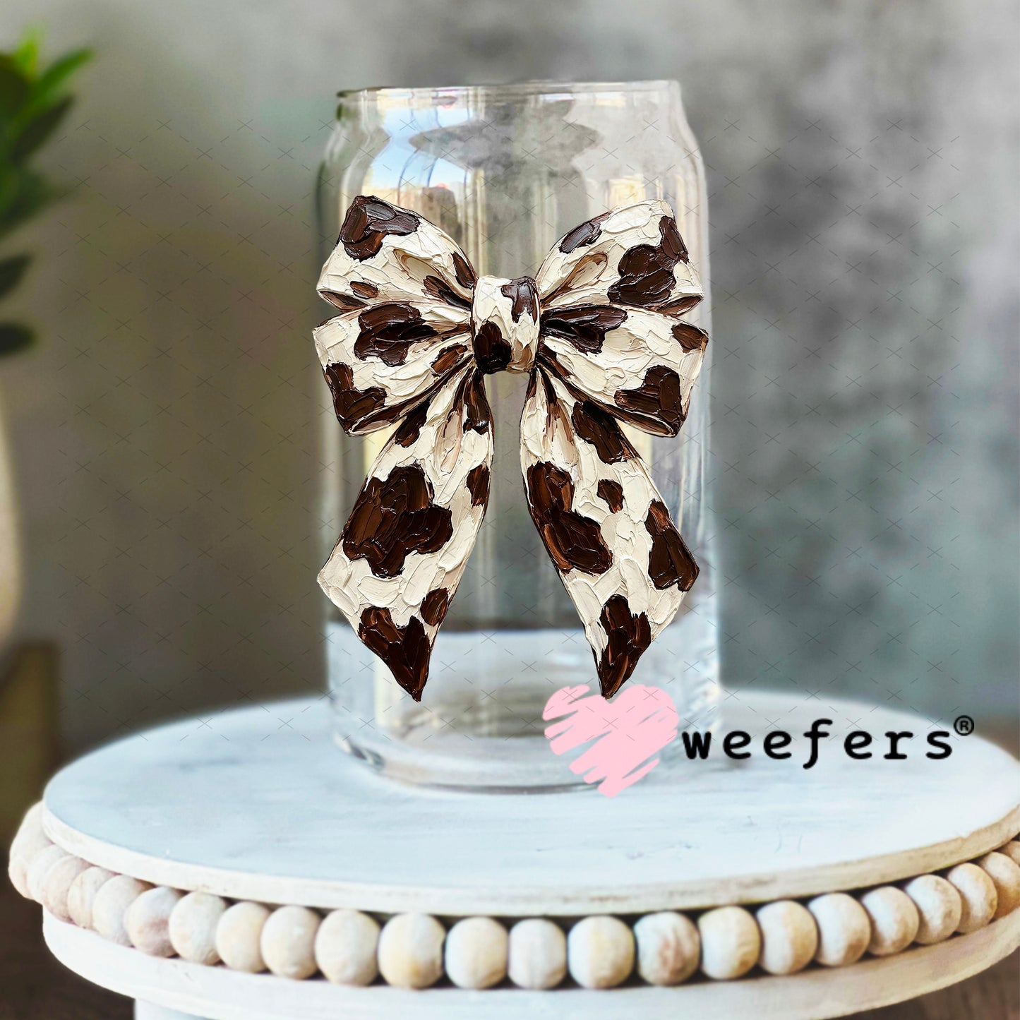 UV DTF Decal - Bow Brown Cow Print 16oz Libbey Glass Original Size Weefers