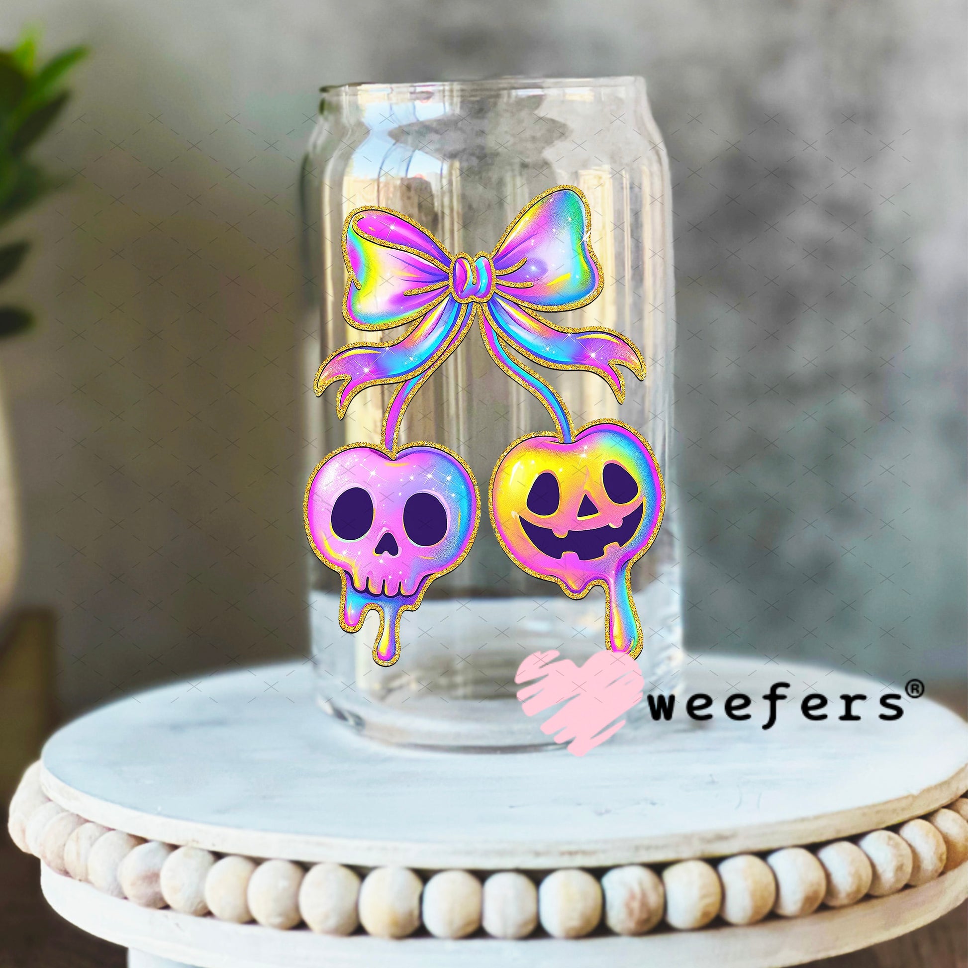 UV DTF Decal - Iridescent Skull Cherries 16oz Libbey Glass Original Size Weefers