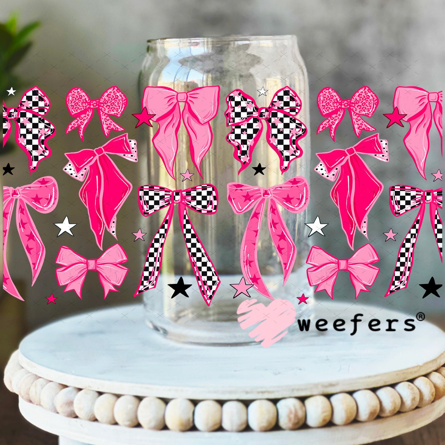 UV DTF Cup Wrap – Pink Checkered Bows 16oz Libbey Glass Original Size Weefers