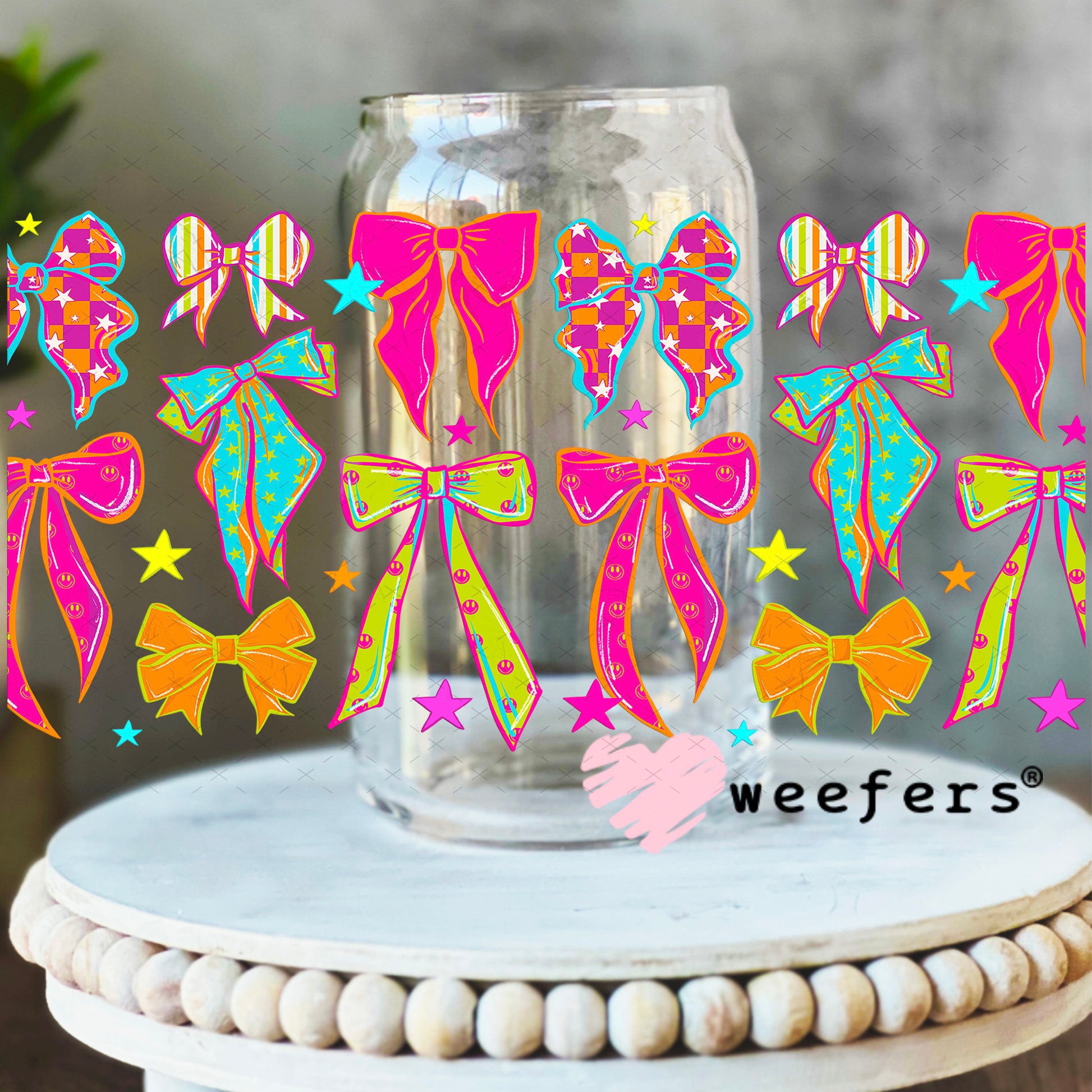 UV DTF Cup Wrap – Retro Bright Bows 16oz Libbey Glass Original Size Weefers
