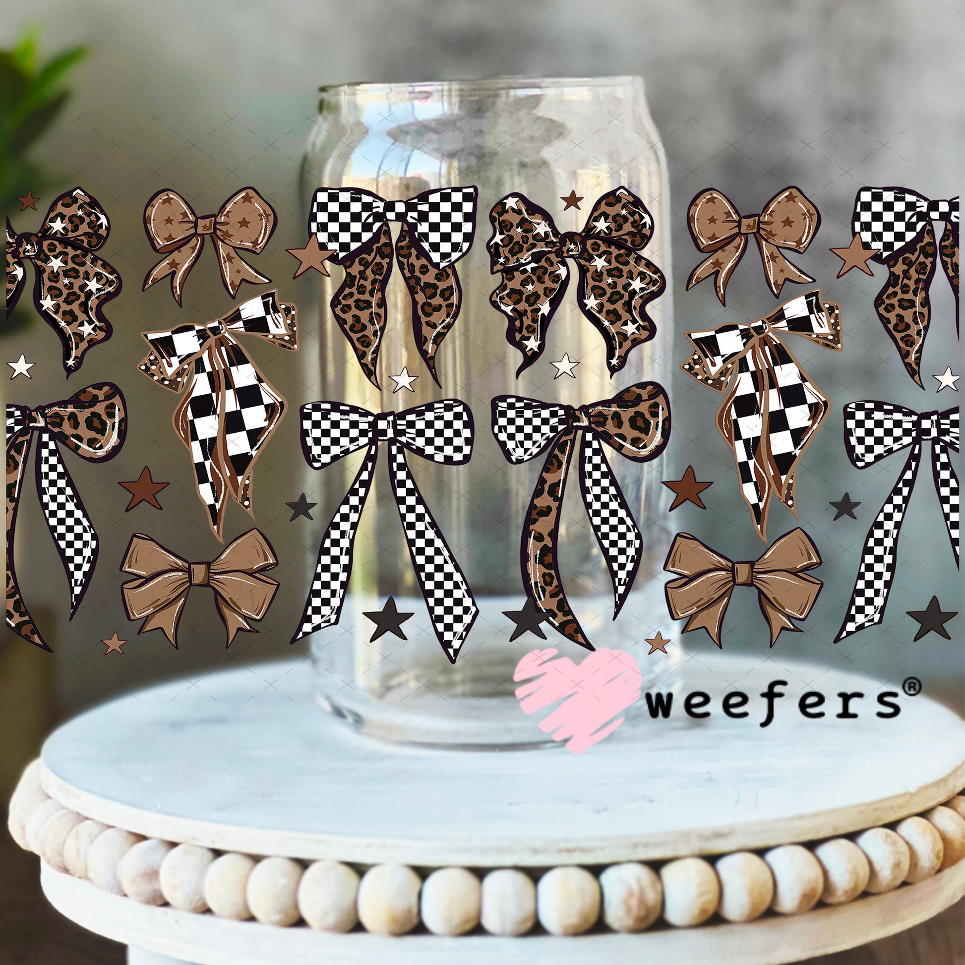UV DTF Cup Wrap – Brown Leopard Checkered Bows 16oz Libbey Glass Original Size Weefers