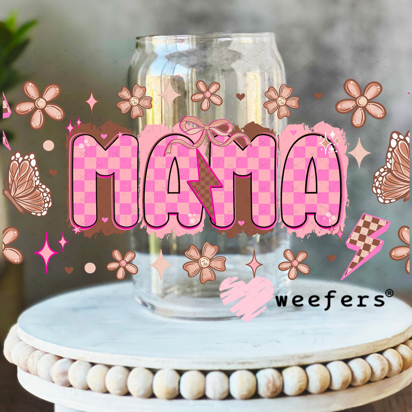 UV DTF Cup Wrap – Mama Brown and Pink 16oz Libbey Glass Original Size Weefers