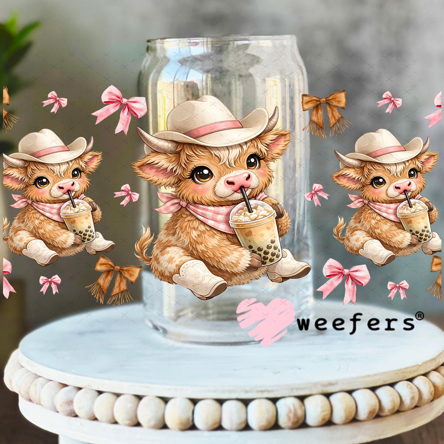 UV DTF Cup Wrap – Brown Cowgirl Highland Cow Boba - Weefers Exclusive 16oz Libbey Glass Original Size Weefers
