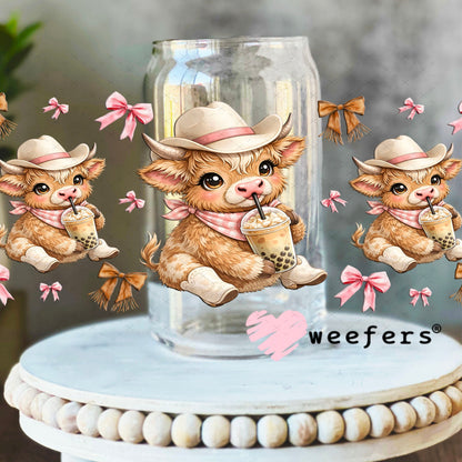 UV DTF Cup Wrap – Brown Cowgirl Highland Cow Boba - Weefers Exclusive 16oz Libbey Glass Original Size Cup Wrap Weefers