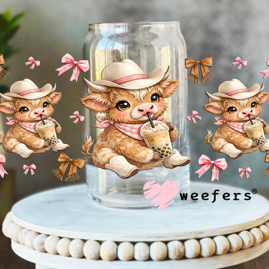 UV DTF Cup Wrap – Brown Cowgirl Highland Cow Boba - Weefers Exclusive 16oz Libbey Glass Original Size Cup Wrap Weefers