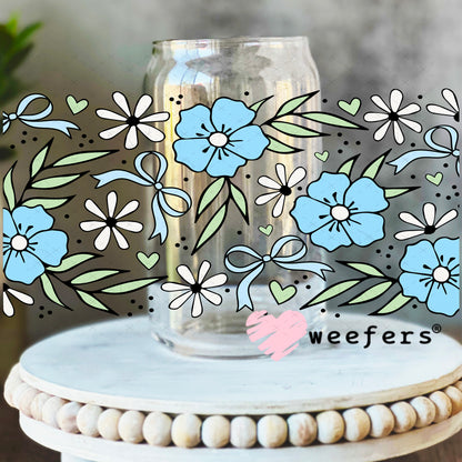 UV DTF Cup Wrap – Blue Flowers Coquette Bows 16oz Libbey Glass Original Size Weefers
