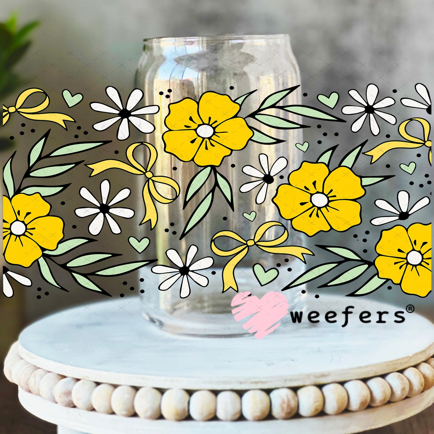 UV DTF Cup Wrap – Yellow Flowers Coquette Bows 16oz Libbey Glass Original Size Weefers