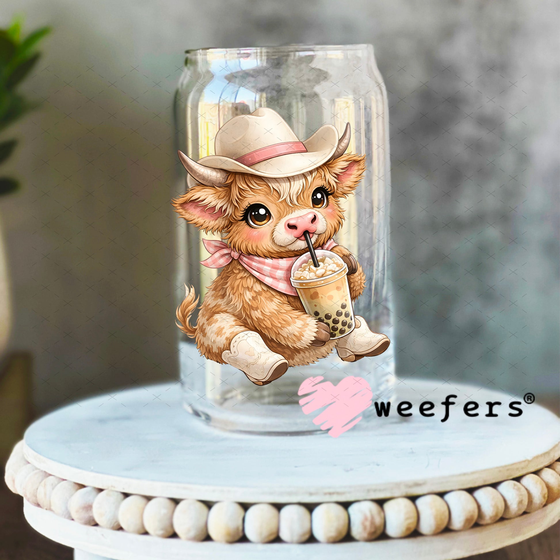 UV DTF Decal - Brown Cowgirl Cow Boba 16oz Libbey Glass Original Size Weefers
