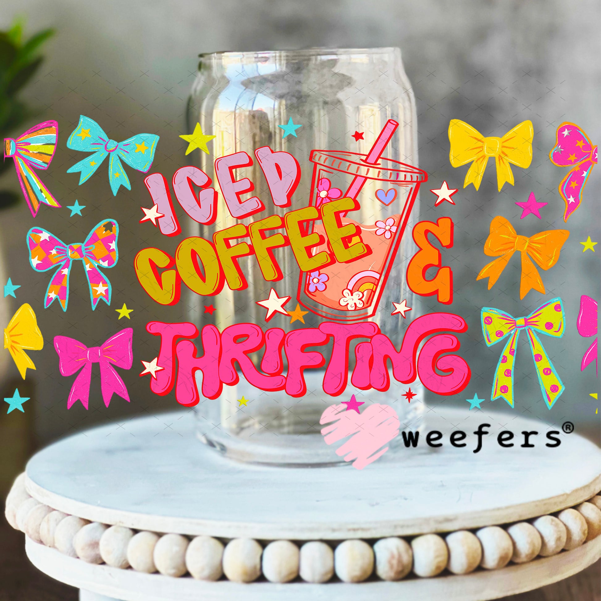 UV DTF Cup Wrap – Iced Coffee and Thrifting - Weefers Exclusive 16oz Libbey Glass Original Size Weefers