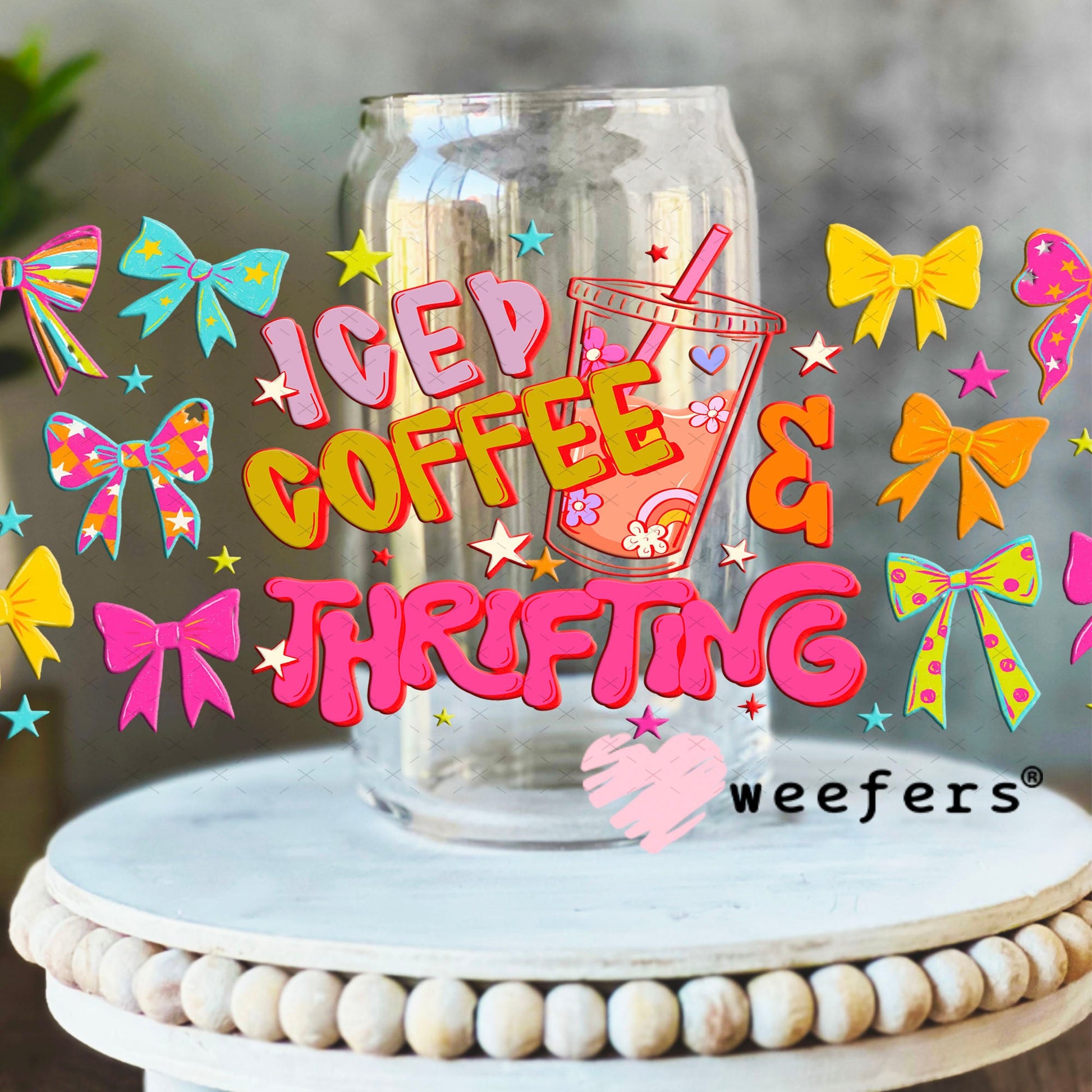 UV DTF Cup Wrap – Iced Coffee and Thrifting - Weefers Exclusive 16oz Libbey Glass Original Size Cup Wrap Weefers