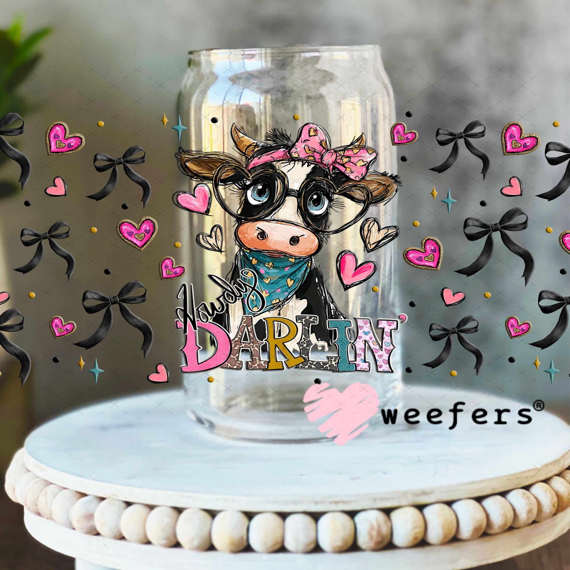 UV DTF Cup Wrap – Howdy Darlin Cow - Weefers Exclusive 16oz Libbey Glass Original Size Cup Wrap Weefers