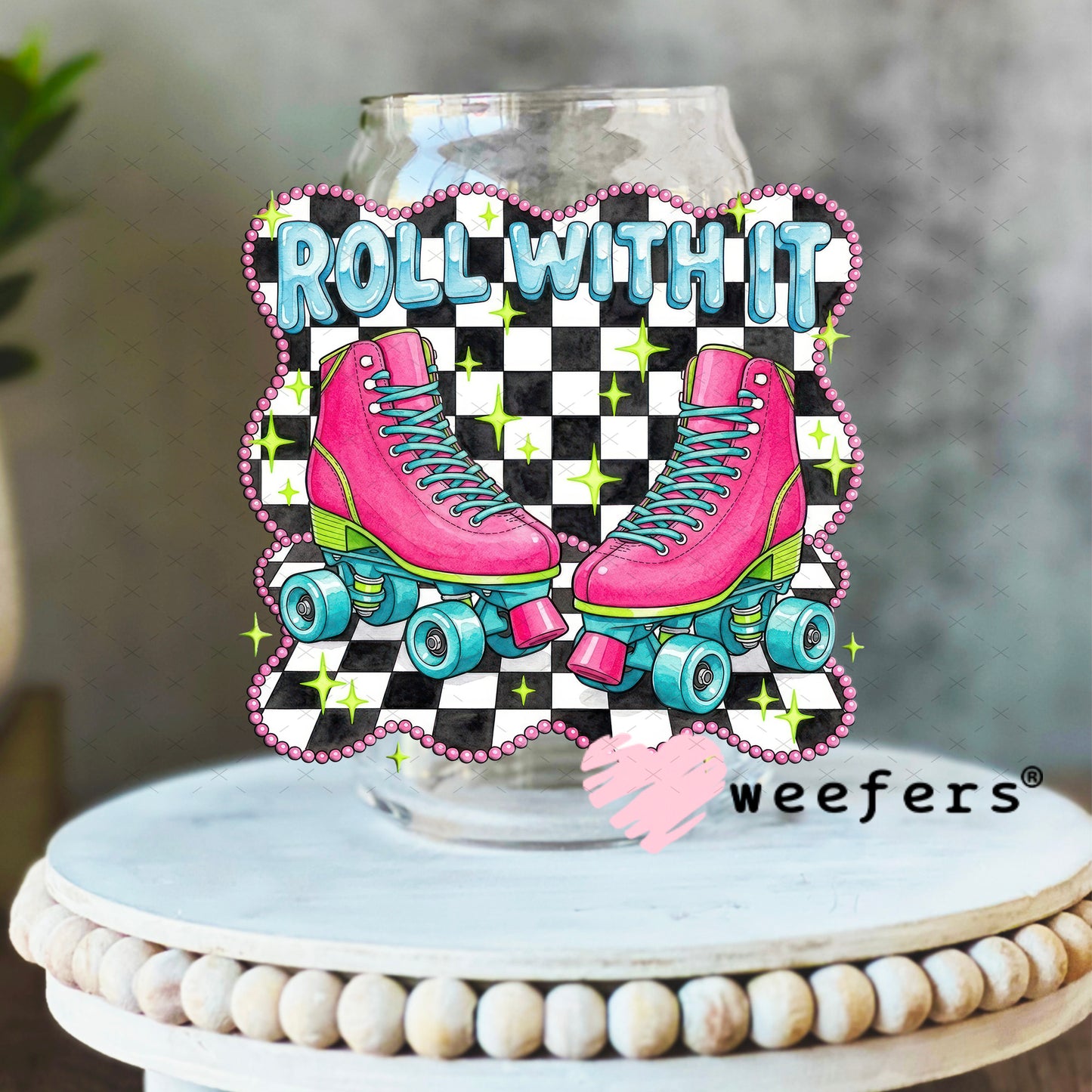 UV DTF Decal - Roll With It Pink Teal Skates 16oz Libbey Glass Original Size Weefers