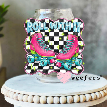 UV DTF Decal - Roll With It Pink Teal Skates 16oz Libbey Glass Original Size Weefers