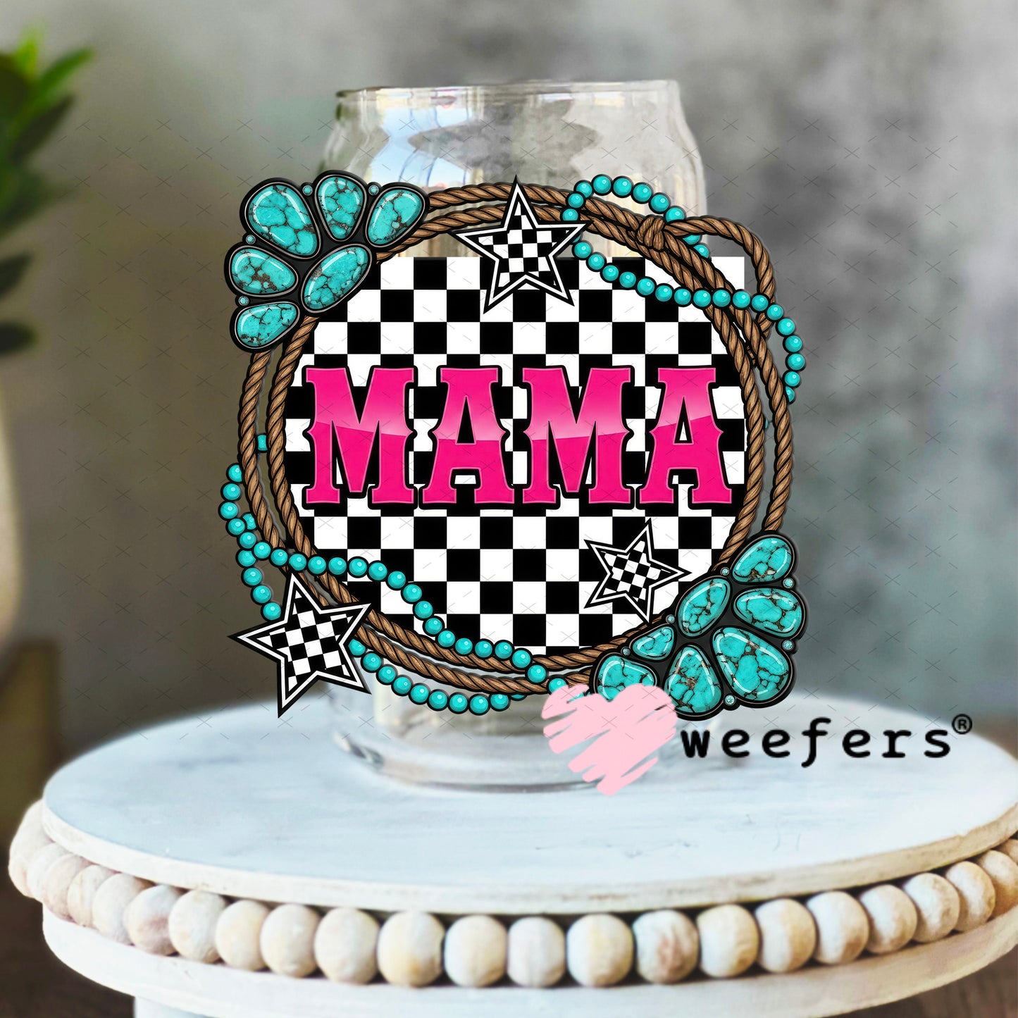 UV DTF Decal - Mama Western Jewels Checkered 16oz Libbey Glass Original Size Weefers