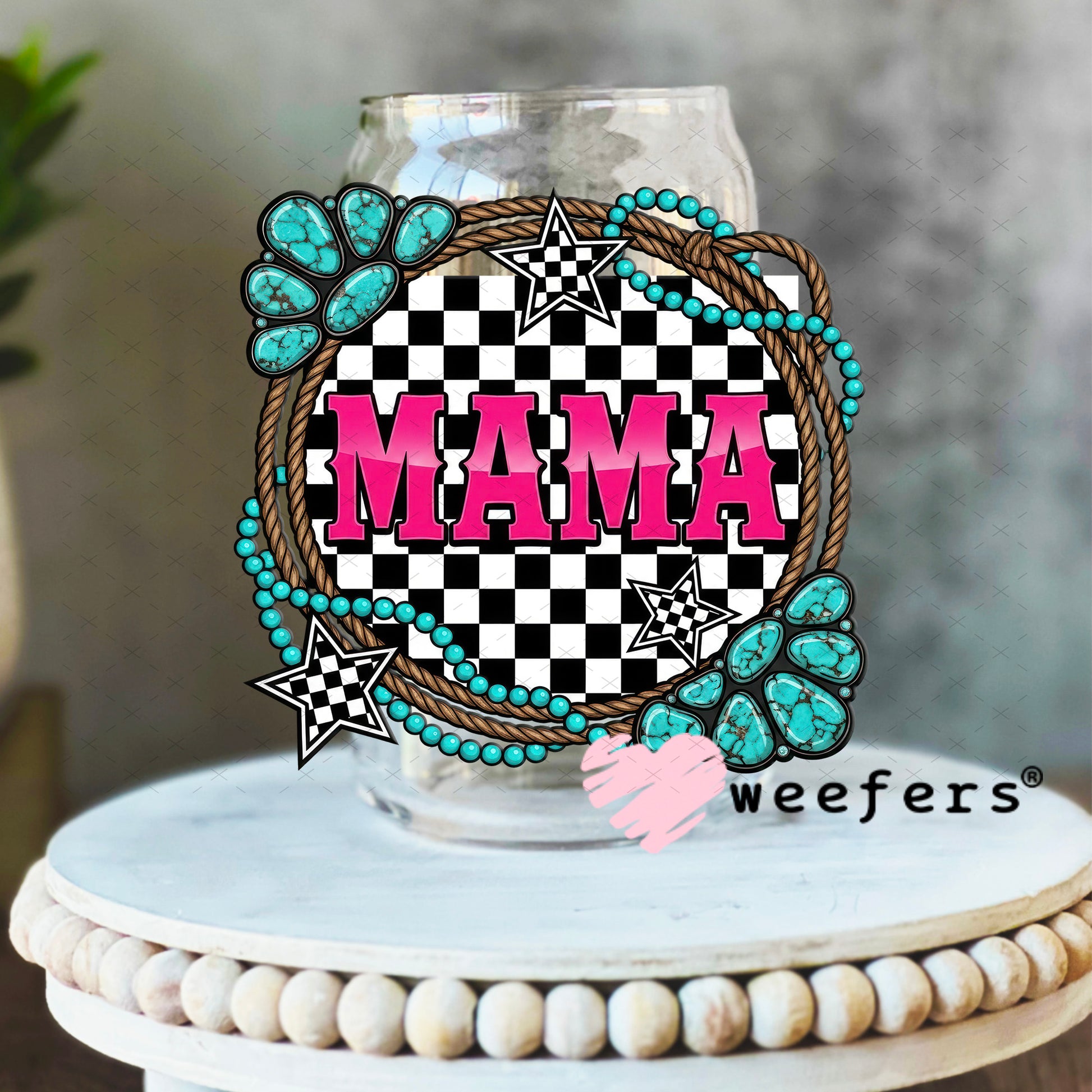 UV DTF Decal - Mama Western Jewels Checkered 16oz Libbey Glass Original Size Weefers