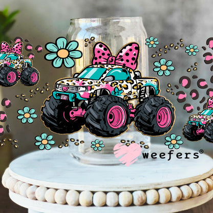 UV DTF Cup Wrap – Girly Leopard Monster Truck - Weefers Exclusive 16oz Libbey Glass Original Size Weefers
