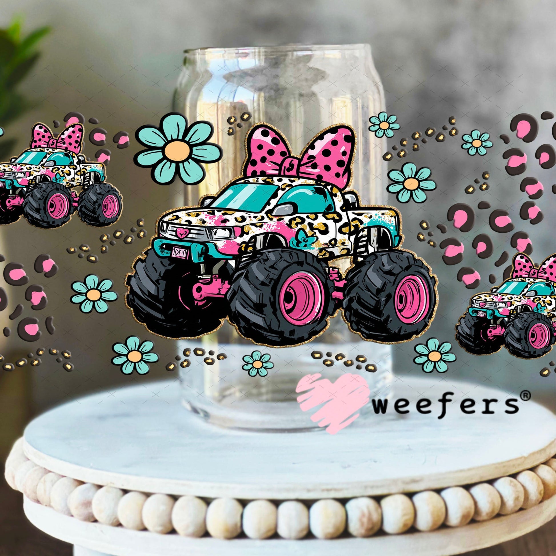 UV DTF Cup Wrap – Girly Leopard Monster Truck - Weefers Exclusive 16oz Libbey Glass Original Size Cup Wrap Weefers