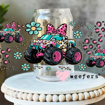 UV DTF Cup Wrap – Girly Leopard Monster Truck - Weefers Exclusive 16oz Libbey Glass Original Size Cup Wrap Weefers