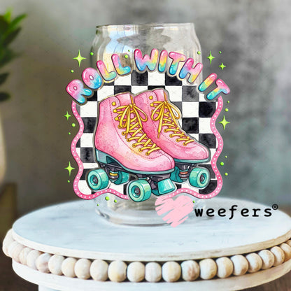 UV DTF Decal - Roll With It Light Pink Blue Skates 16oz Libbey Glass Original Size Weefers