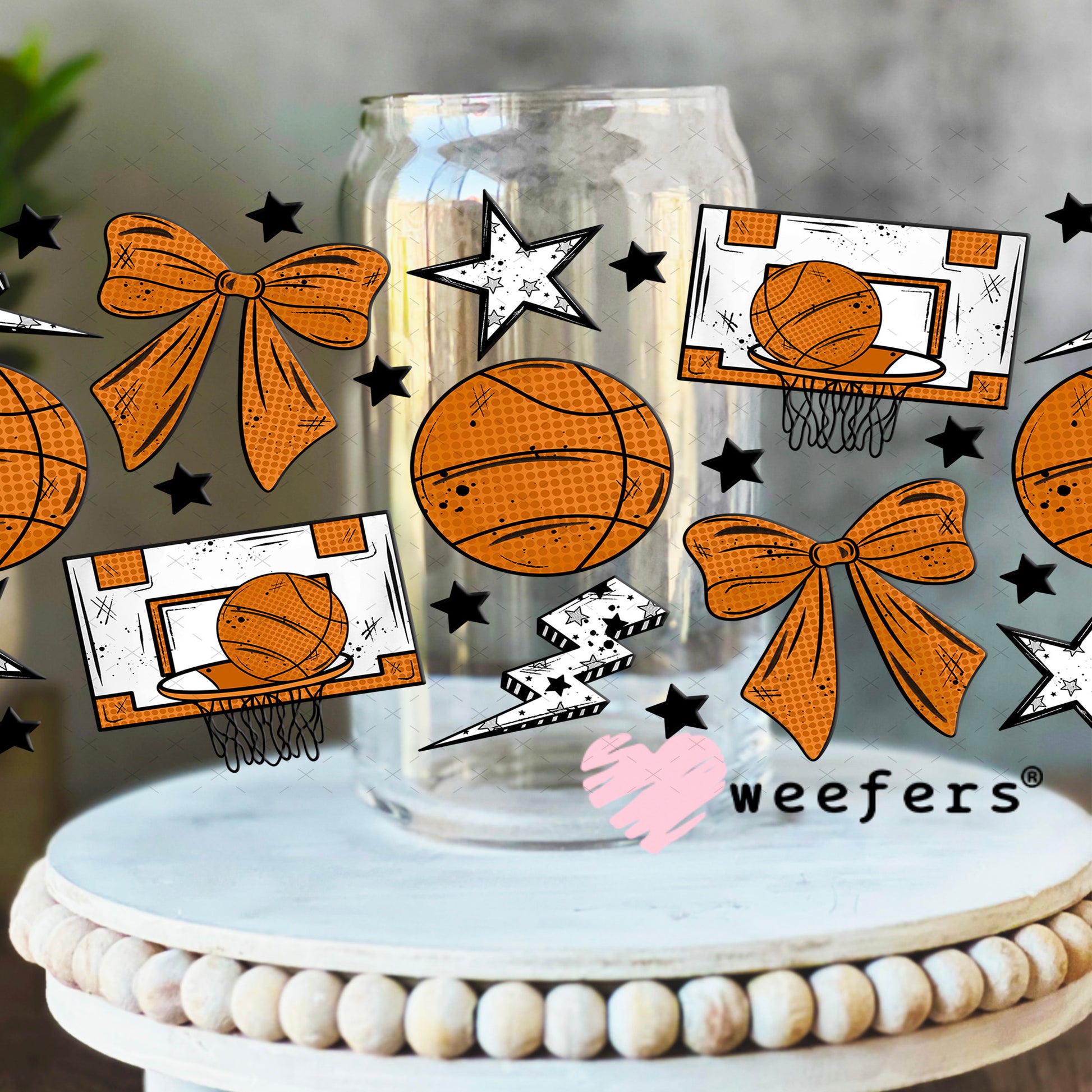 UV DTF Cup Wrap – Basketball and Bows 16oz Libbey Glass Original Size Weefers