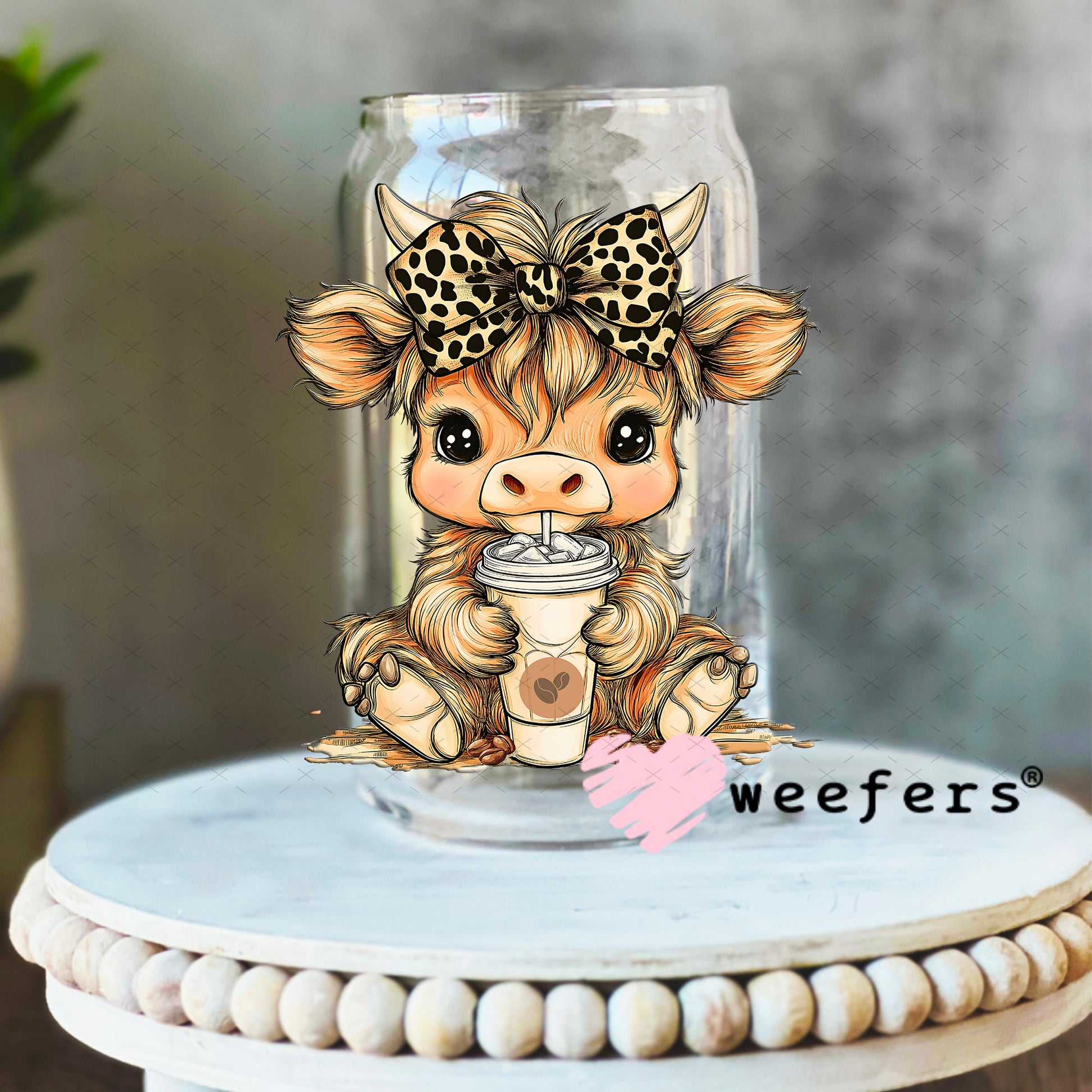 UV DTF Decal - Cutie Cow Leopard Bow Iced Coffee 16oz Libbey Glass Original Size Weefers