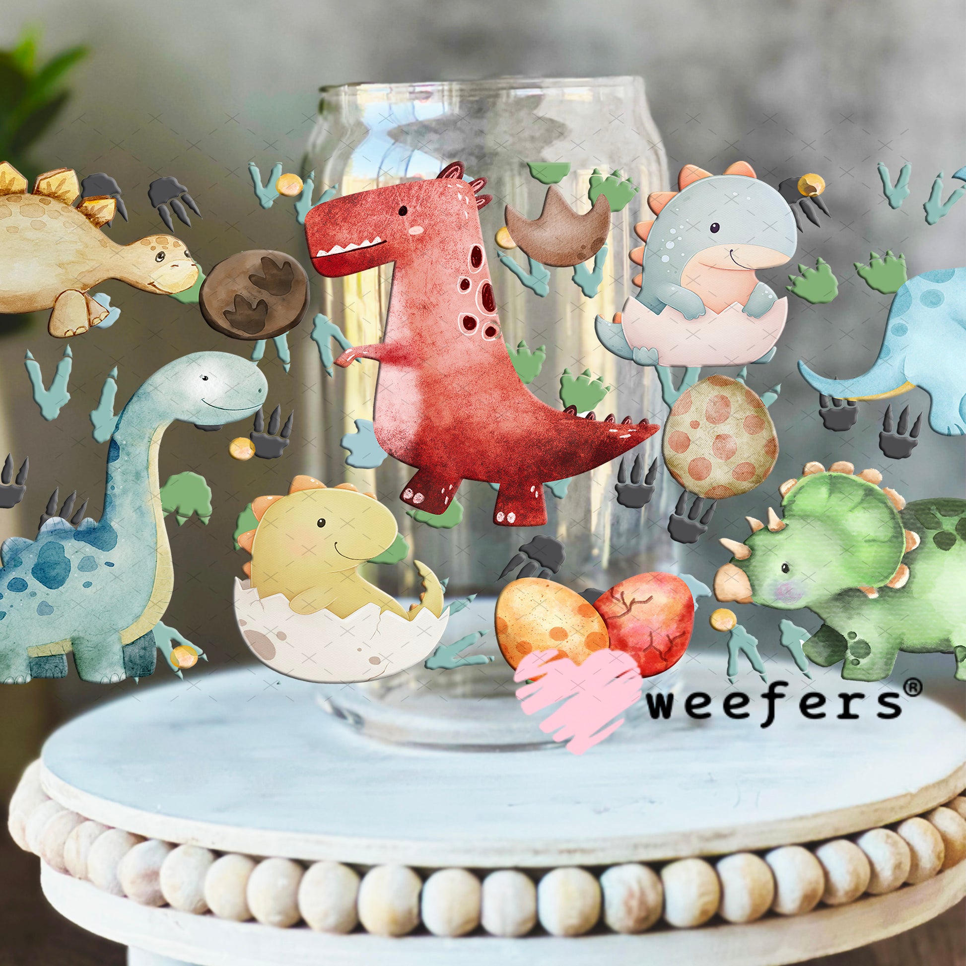 UV DTF Cup Wrap – Watercolor Dinosaurs 16oz Libbey Glass Original Size Weefers