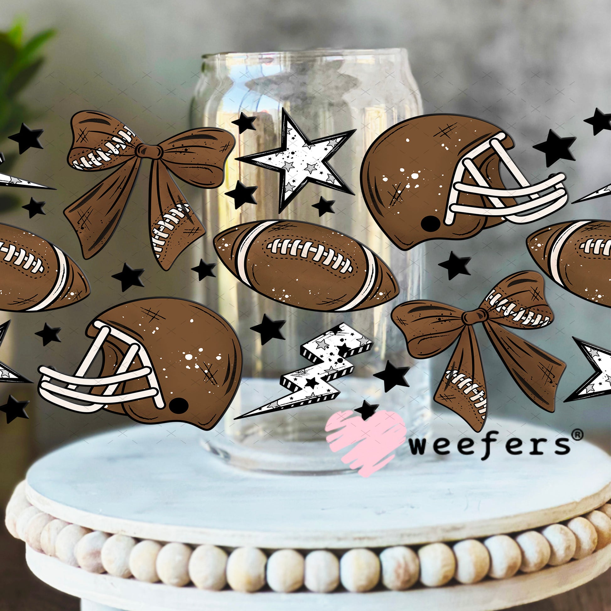 UV DTF Cup Wrap – Football and Bows 16oz Libbey Glass Original Size Weefers