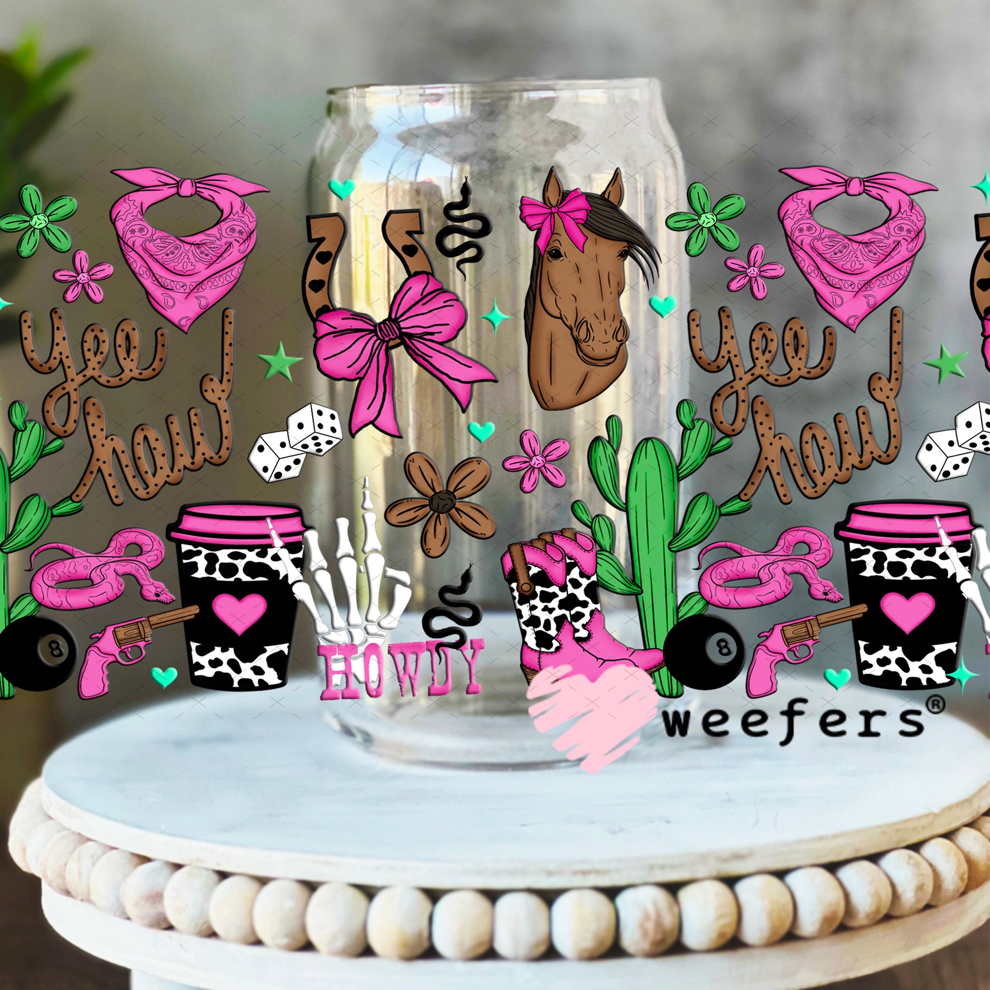 UV DTF Cup Wrap – Yee Haw Western Magenta 16oz Libbey Glass Original Size Weefers
