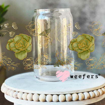 UV DTF Cup Wrap – Gold and Green Roses 16oz Libbey Glass Original Size Weefers