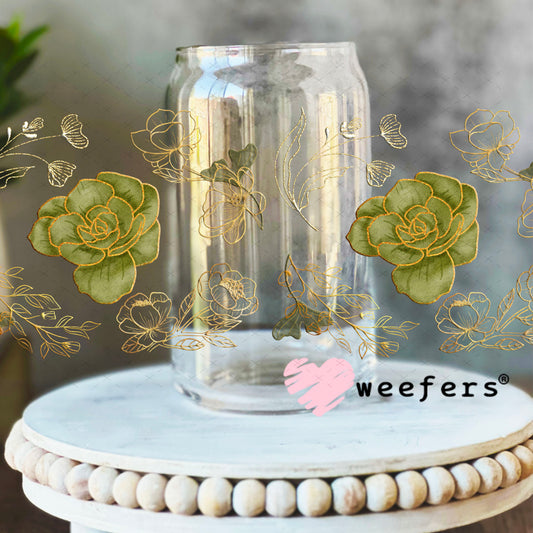 UV DTF Cup Wrap – Gold and Green Roses 16oz Libbey Glass Original Size Weefers
