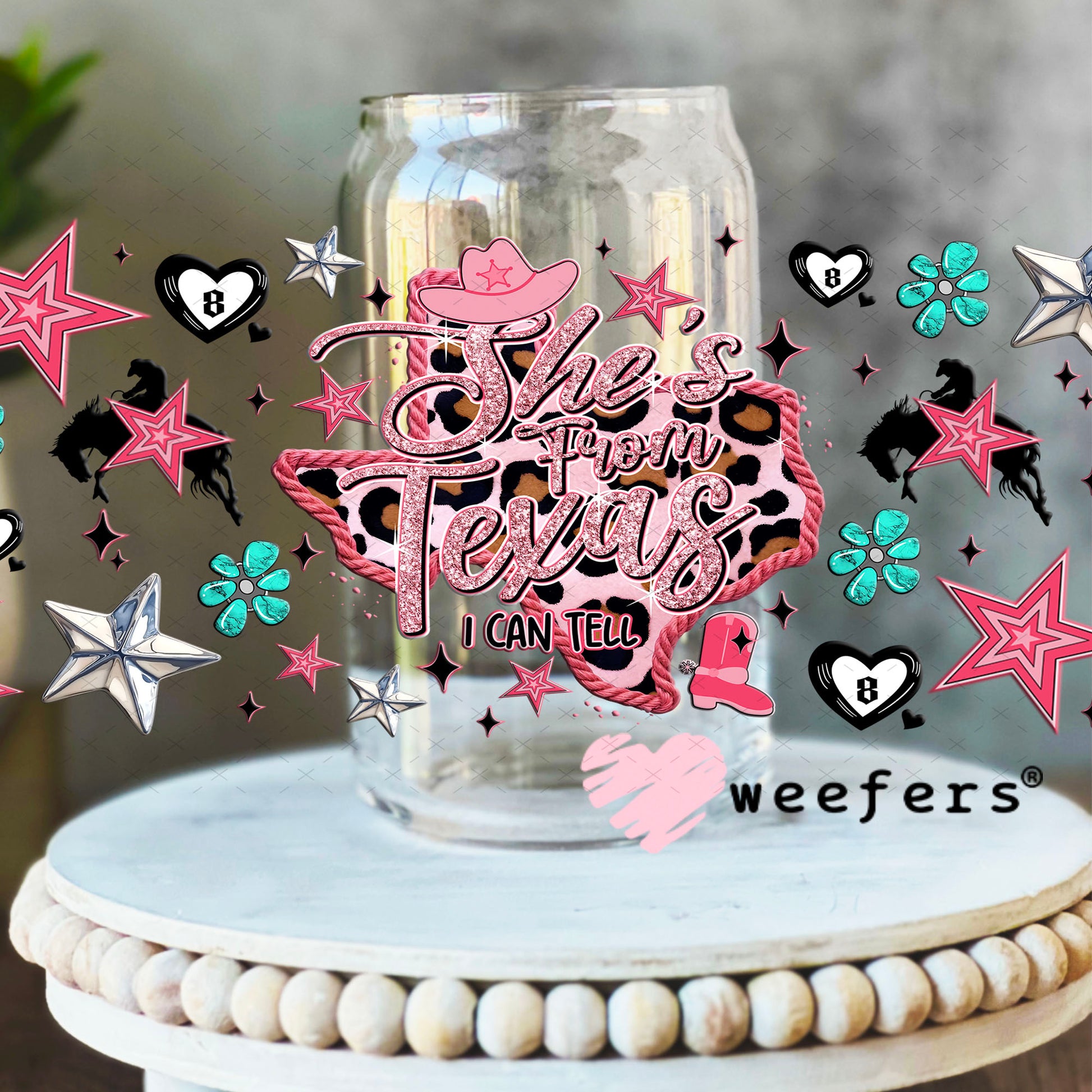 UV DTF Cup Wrap – She's From Texas I can Tell - Weefers Exclusive 16oz Libbey Glass Original Size Cup Wrap Weefers