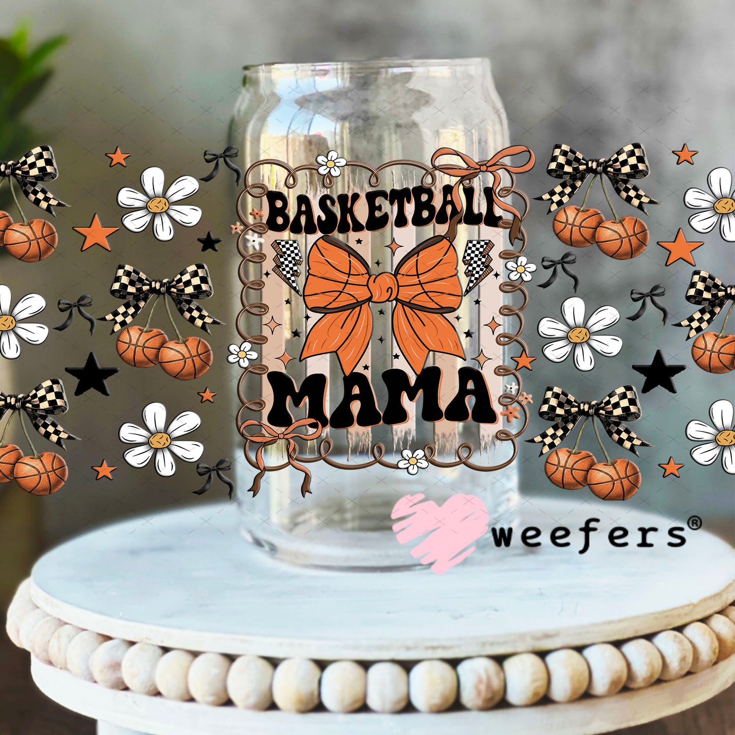 UV DTF Cup Wrap – Basketball Mama Cherry - Weefers Exclusive 16oz Libbey Glass Original Size Cup Wrap Weefers